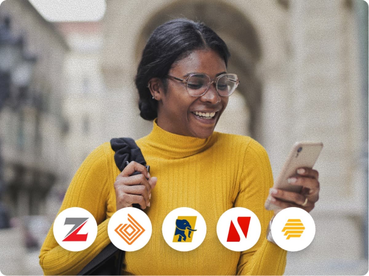 Woman checking phone with Nigerian bank logos including Zenith, Access, First Bank, UBA, and FCMB