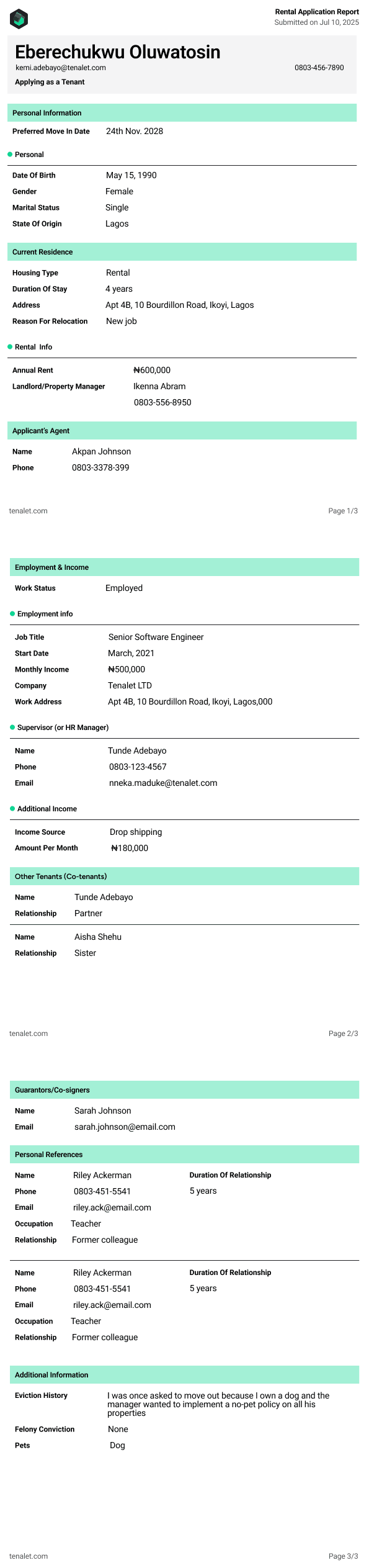 Sample Rental Application