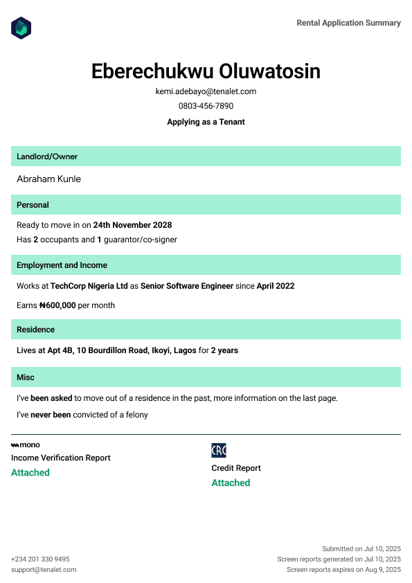 Sample Rental Application Summary